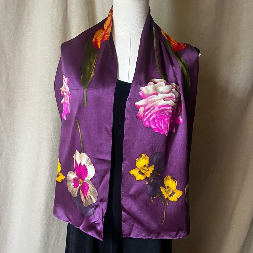 Adrienne Vittadini 100% Silk Floral Scarf Purple Rose Pansy Tulip Print 11x54